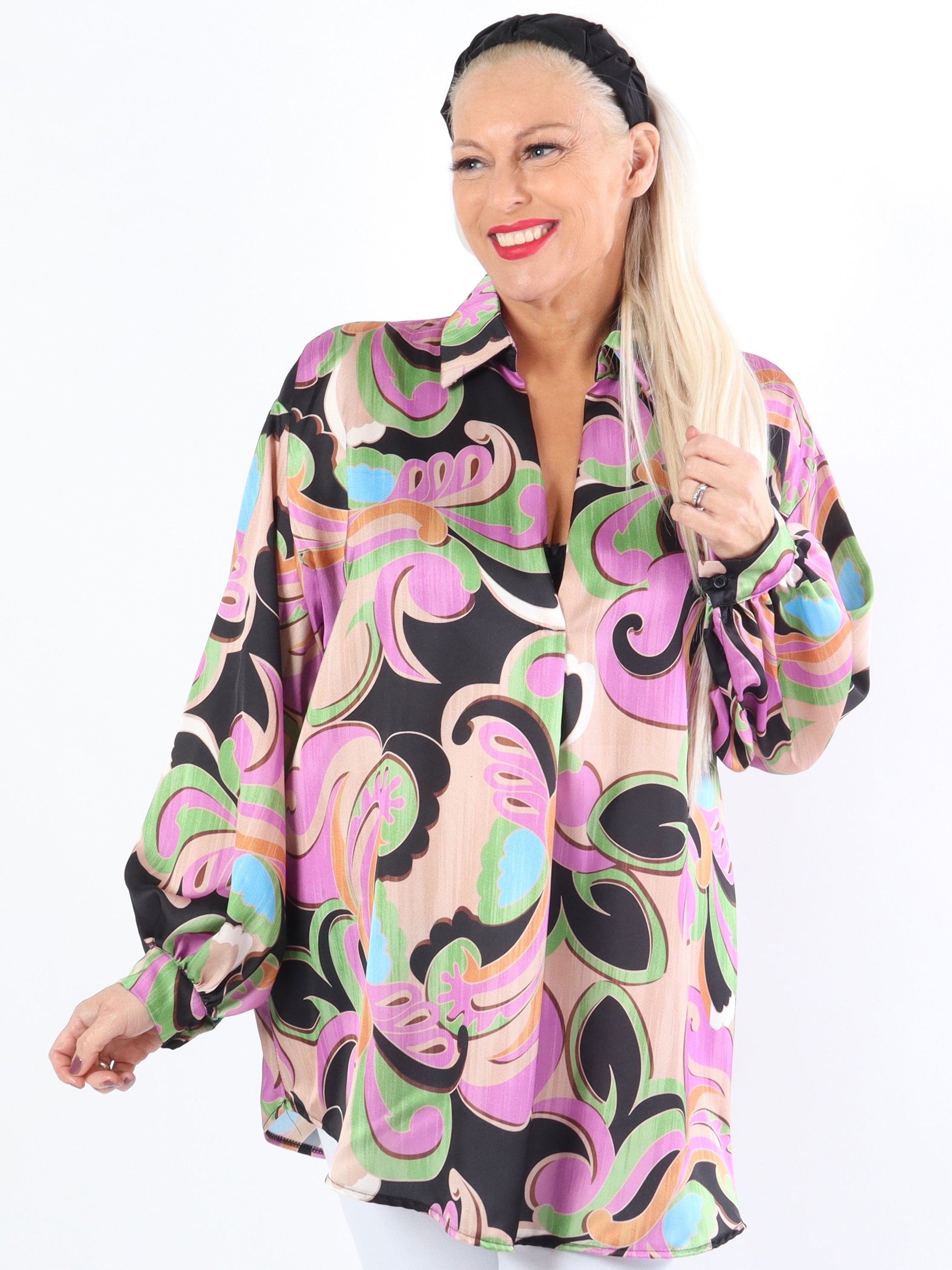 Happy - Flerfarvet plus size skjorte i silkelook